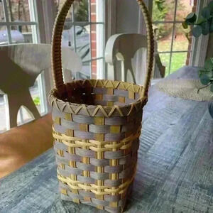 Basket, Handmade, Numbered 9/12, light blue/gray, green, natural tan